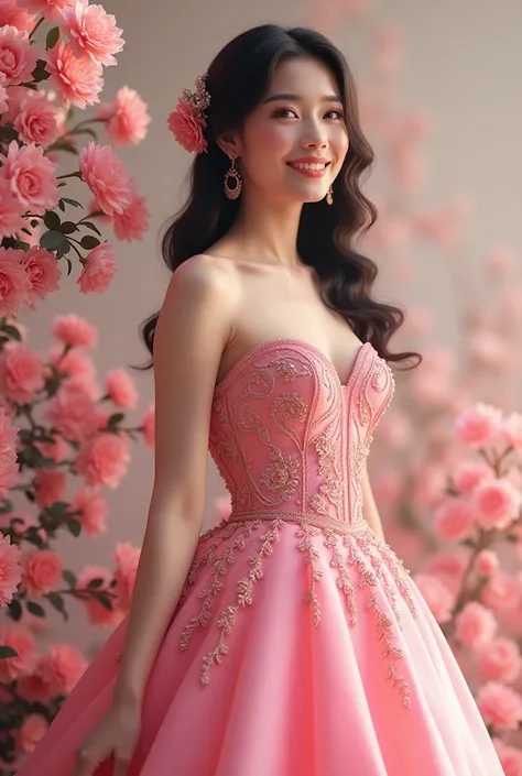 Real pinoy wearing pink gown with arounding flowers 