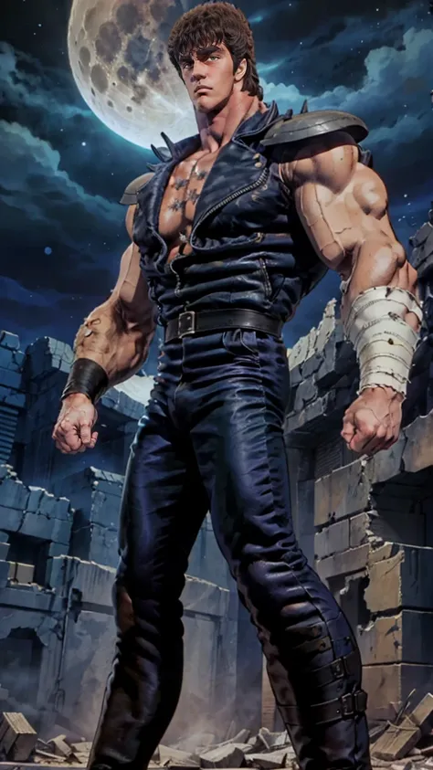 8k images、realistic、kenshiro of fist of the north star(:1.5)、muscular、fearless face、bad mood、clear eyes、look down、looking down、b...