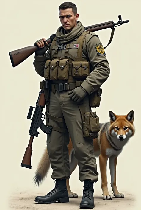 A soldier from behind carrying a Fal, with the round symbol with 4 arrows pointing upwards, bass guitar, left and right on the back in graphite with a jackal at his side, the image should focus more on the soldier in the symbol and the jackal