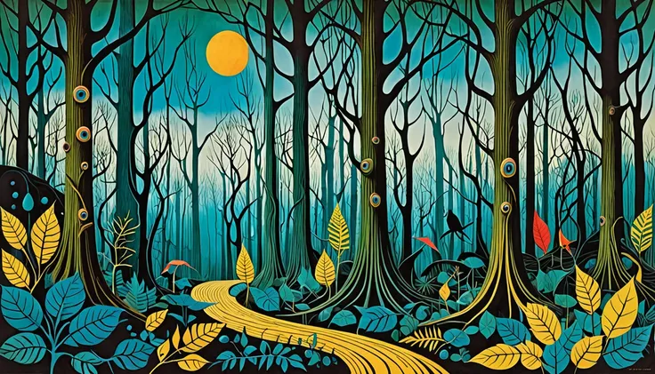 Create an image inspired by the work of Max Ernst, depicting a fantastical forest with abstract shapes and eerie figures, blending natural and artificial elements, with intricate details and a sense of motion.