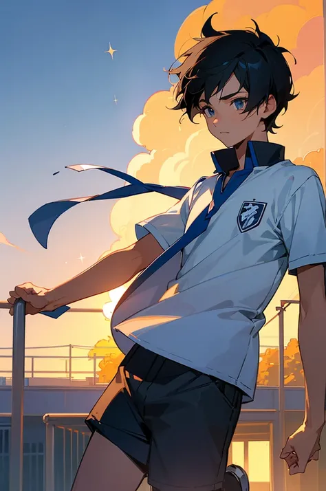 Very cool high school boy、Black Hair、Short Hair、Blue sparkling eyes、Wearing a soccer uniform、School soccer field、Sunset、The school building in the back、One person、solo、Retro anime style