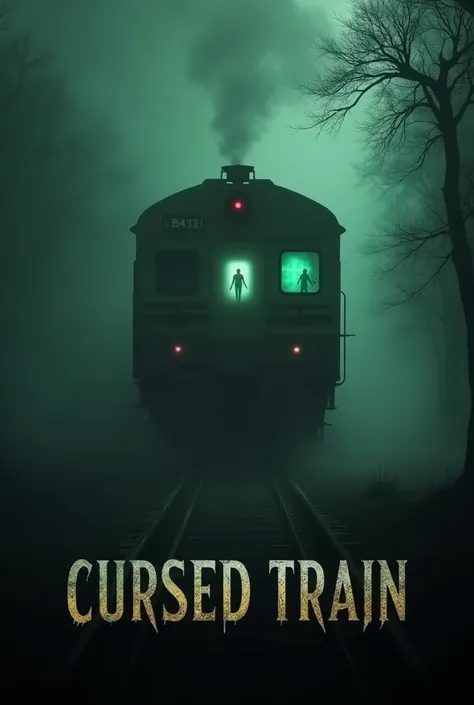 Create a haunting and dark YouTube thumbnail for a movie explanation video based on the horror story অভিশপ্ত ট্রেন (Cursed Train). The thumbnail should feature a ghostly, cursed train racing through a foggy night with an eerie green or red light glowing fr...