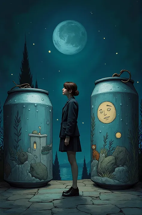 Three cans with different drawings but the same theme at night, a woman in the middle of one of the cans the others based on the night and its adventures