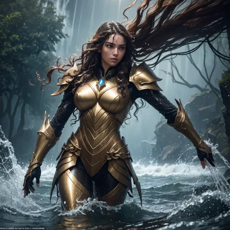 wet hair, long and curly, gold and bronze warrior armor, metallic material, emerging from the water, powerful and dynamic pose, water droplets, outdoor, raining, dramatic lighting from above, water splashes, intense and heroic atmosphere, medium shot, focu...