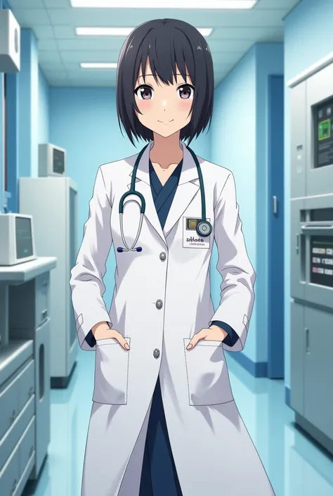 The character Hinata Hyuuga from the Naruto anime series becomes a doctor, wearing a white doctors robe, realistic