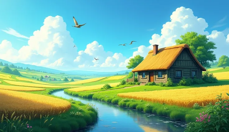 A calm and peaceful rural setting with a cottage of a farmer and his green fields. Birds flying in the sky.
Make it vibrant and hyper realistic.