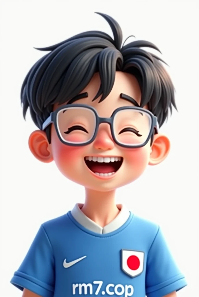 a happy cute kid with short black with a little semi-blonde hair, square clear white glasses on his face, wearing a Japan blue color national team jersey and name RM7.corp, Korean oriental face, white background, barnet, toon, Pixar-style, 3d, Cartoons, fa...