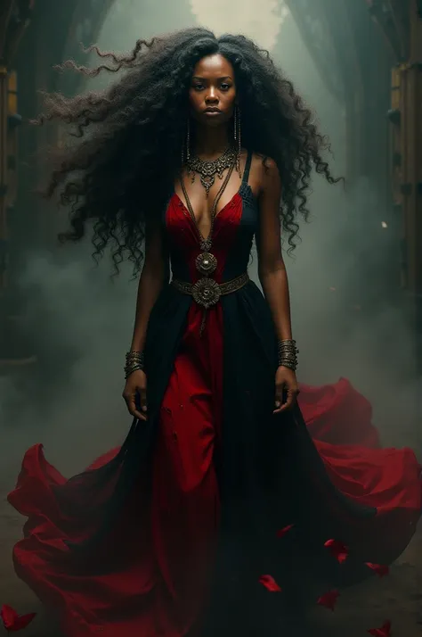 Black woman with long curly hair, wearing a black dress with ripped red, A Pombagira