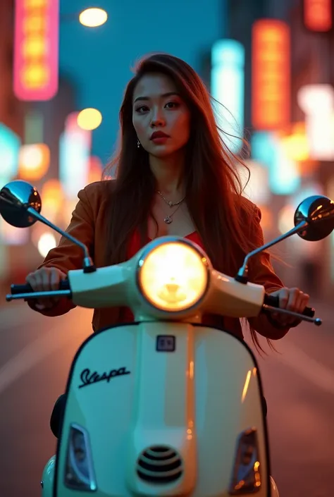 photo of a beautiful Asian woman 20 years old. straight and long hair. slightly fat body. wearing cool clothes. riding a classic Vespa, going fast on the street. evening atmosphere