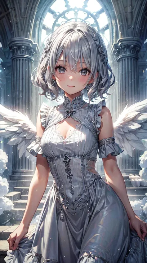 Fair skin, Silver Hair, short, Curly Hair, Angel, Grey Dress, A kind smile, Sunlight shining through the gaps in the clouds