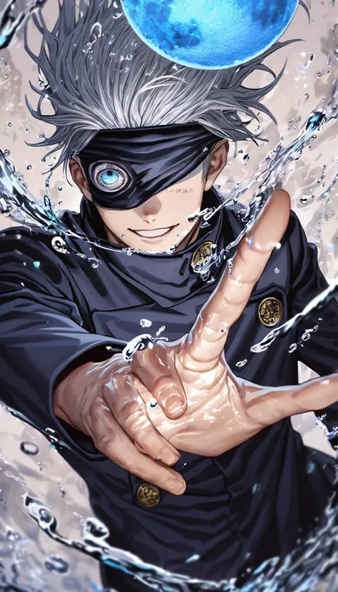 Absurd, High resolution, Super detailed, High resolution, masterpiece, Gojo Satoru, Gray Hair, Blindfold, Black Shirt, JUJUTSU KAİSEN, male, good looking, Highest quality, blue Moon, Magic, alone, water JUJUTSU KAİSEN uniform, good looking smile穏やかな表情を浮かべて...