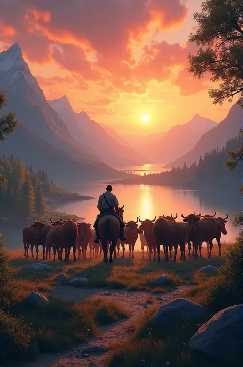 Man riding among many oxen at sunset, Trees, lakes and mountains