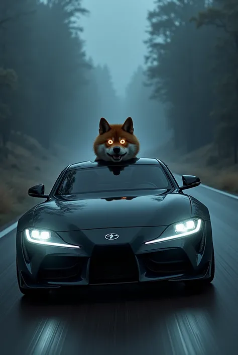 A Doge demon srt 170 car with black color on the road during the night with big wolf behind the car with white dim light