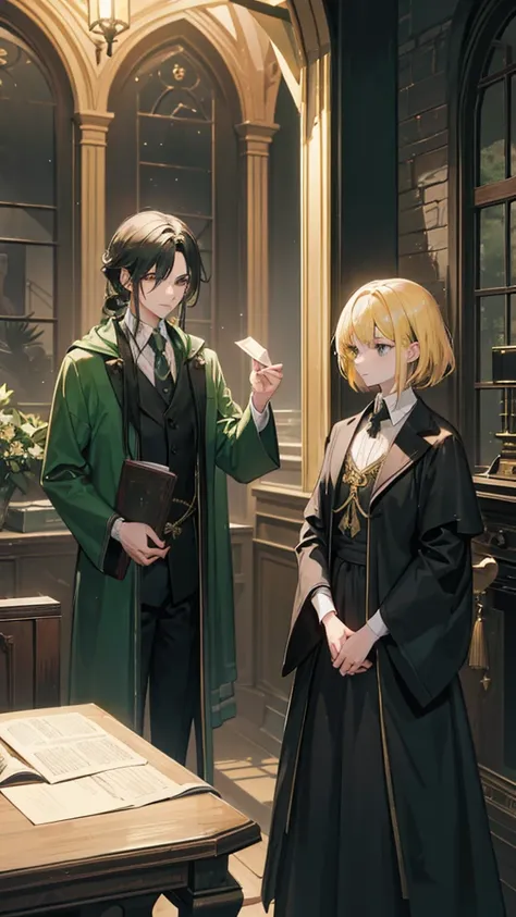 A photo of a handsome young male wizard with short golden hair in the Slytherin house and a beautiful young female witch with long black hair tied with a bow in the Slytherin house.