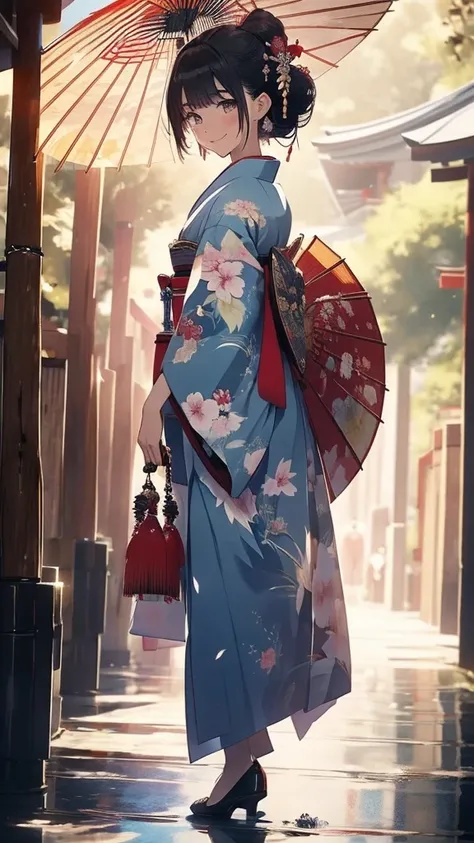 masterpiece, close, full body a hyper-realistic masterpiece featuring a very beautiful, Charming smile, Elegant woman in traditional Japanese costume. Ultra detailed face, She walks to the palace with a colorful umbrella. This scene was inspired by ancient...