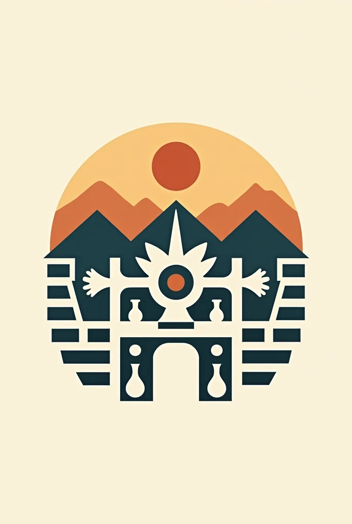 Hotel logo, Simple: Pointed sun in a circle with Incan shapes, vessels, Utensils, hieroglyphics, dome-shaped, with distinctive features of the Inca culture, with mountains, abstract, modern, 