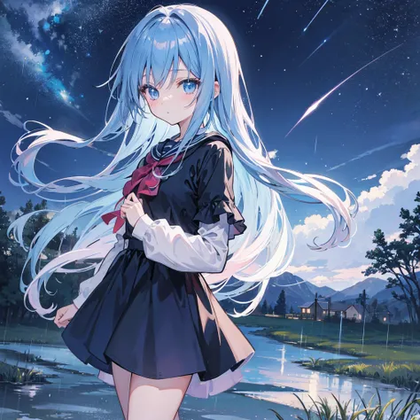 Create an image of an anime girl in a rural setting with rain, a night sky, and stars. Use dark colors and a square aspect ratio.