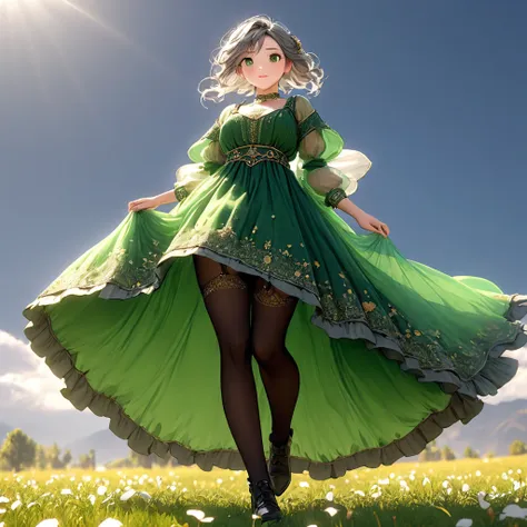 (Highly detailed CG Octane render 8k wallpaper),  Girls Underwear, You can see real bloomers made from cotton fabric.., Medieval green translucent long dress with panniers, Fabric Realism, Low - Angle,  Pull up the dress by hand, Strong winds, Translucent ...