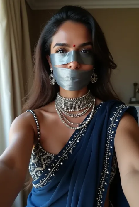 Deepika padukone blindfolded Duct tape gagged in sexy translucent dark blue shimmering pearl beaded prom saree Taking selfie silver Duct tape gagged full body blindfolded with dupatta full body