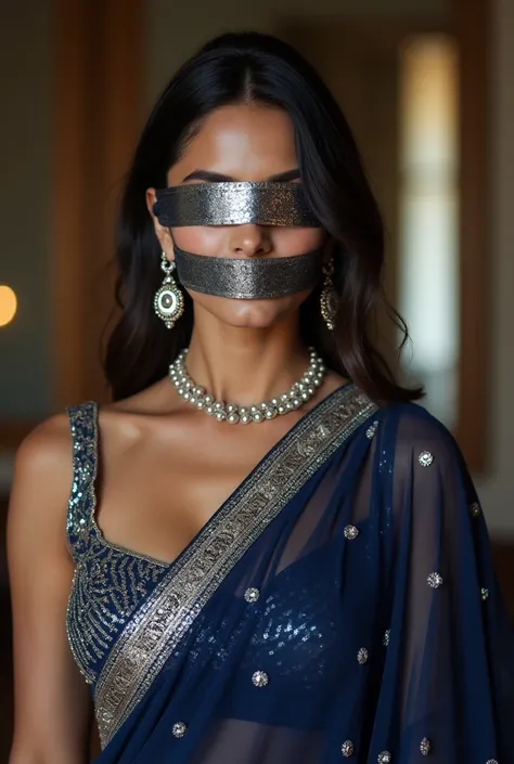 Deepika padukone blindfolded Duct tape gagged in sexy translucent dark blue shimmering pearl beaded prom saree Taking selfie silver Duct tape gagged full body blindfolded with dupatta full body