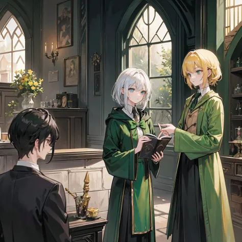 A photo of a handsome young male wizard with short golden hair in the Slytherin house and a beautiful young female witch with long black hair tied with a bow in the Slytherin house.