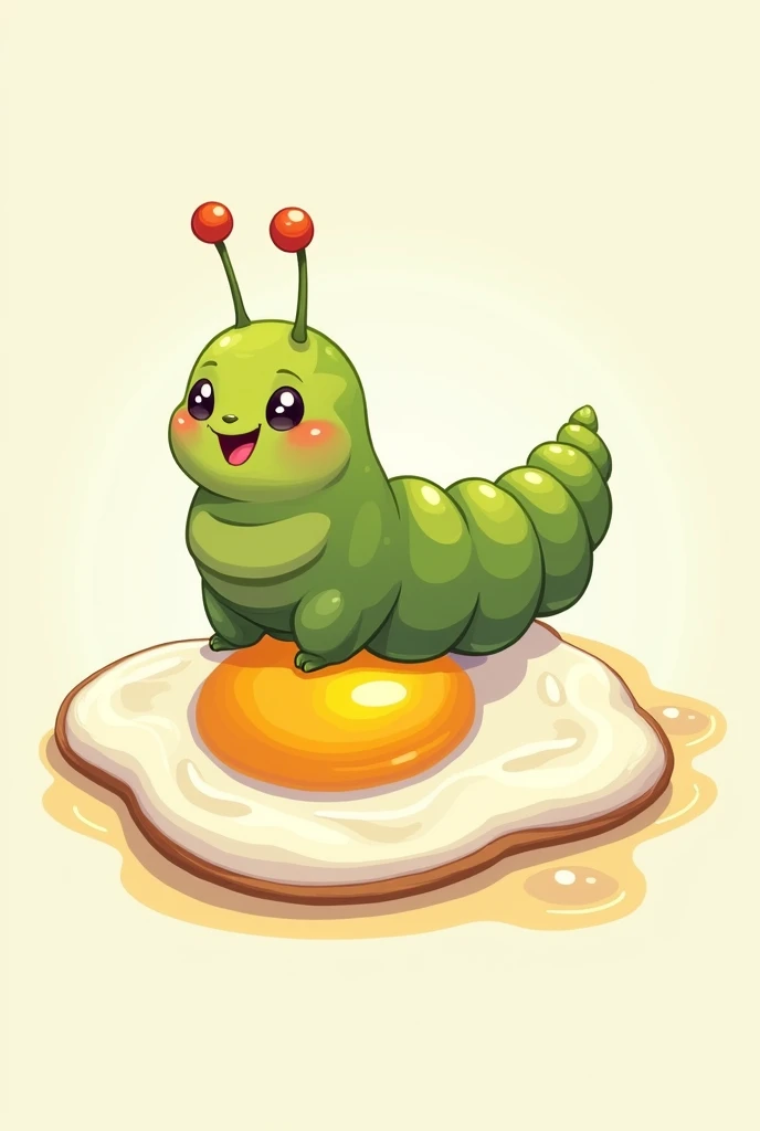 draw me a caterpillar sitting on a fried egg and happy in cartoon trick graphics in 2D 