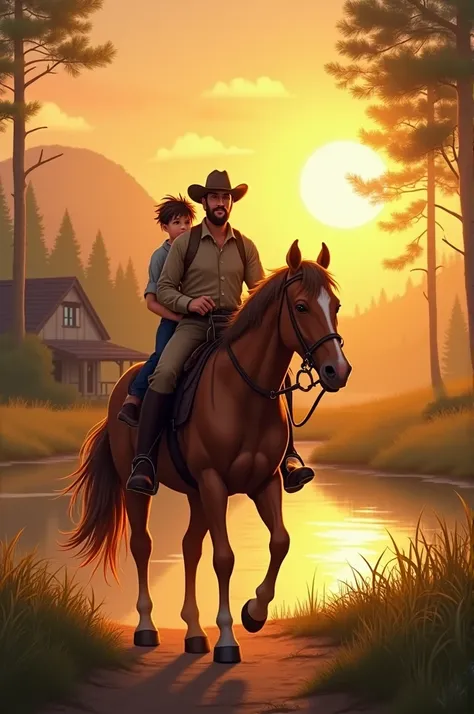 A man riding a caramel horse after 6 pm returning home with his son on the back of his horse, a house in the countryside with trees and a lake 