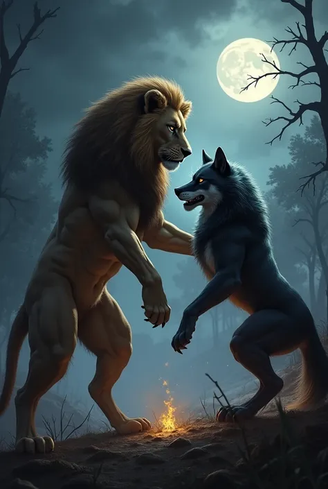 a lion and a wolf  full body dark mode