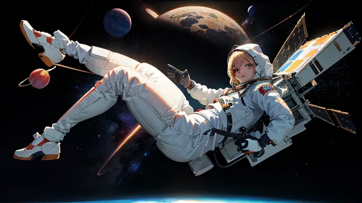 (((A woman doing a spacewalk in outer space))), (((20-year-oldの日本人女性))), Space Station, A boldly drawn illustration of a Japanese woman, as if drawn by a famous anime artist, (((Big hit illustration)), (8k, Highest quality). A stunning composition with out...