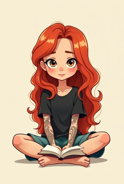 red hair girl sitting cross-legged with tattoos and a black top cartoon with a book in her hands 