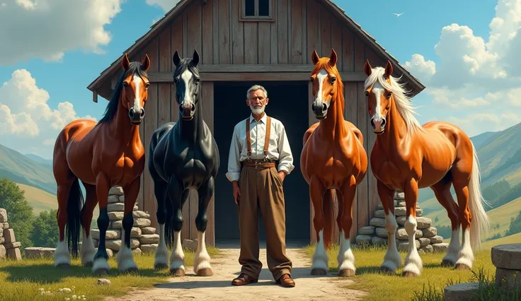 Three horses standing in front of an old farmer named Samuel
Make it vibrant and hyper realistic.