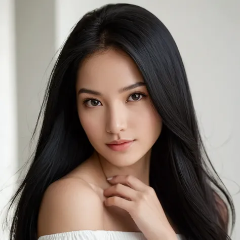 Long straight black hair, off-the-shoulder white dress, smooth fair skin, indoor environment with a soft, neutral background, natural lighting, front view angle, calm and serene atmosphere, well-balanced exposure.