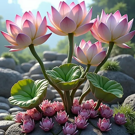 Create a hyper-realistic image of the Mystical Rock Lotus in a natural garden setting. The plant should feature lotus-shaped blooms with soft, pastel pink and white petals, each petal delicately layered to resemble a lotus flower. The petals should have a ...