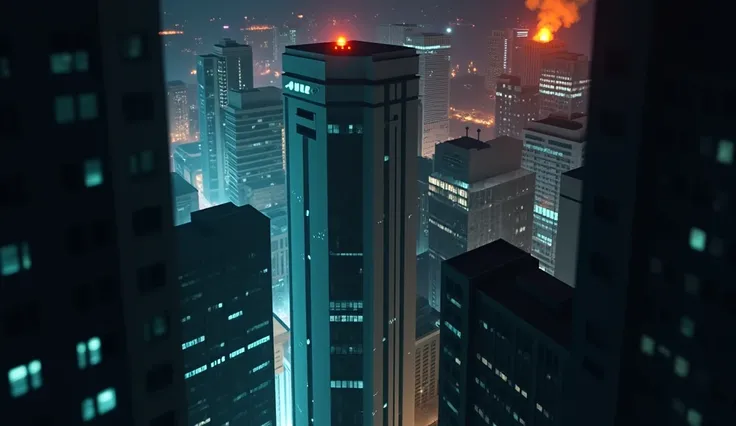 Image of the city, Seen from the sky, fire, Police Siren, Futuristic Style, In the city. Anime Style