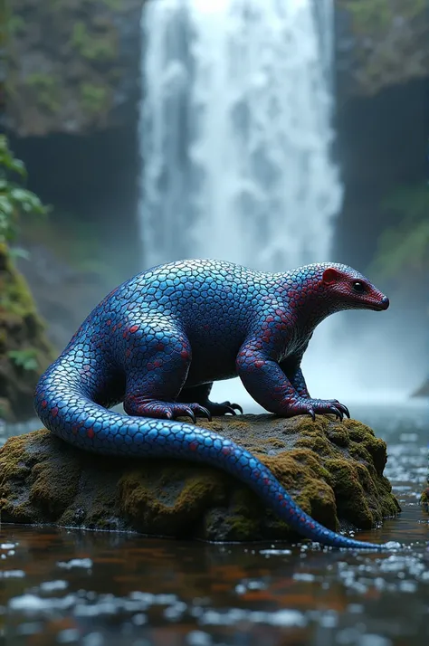 Pangolin with its glass-like skin scales in blue and red,is on the rock under the waterfall . 