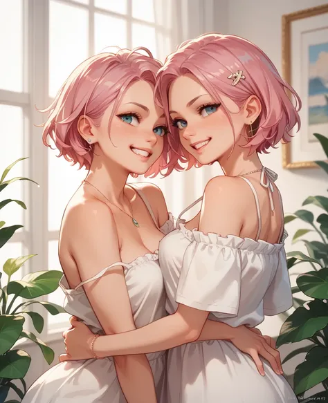 A 2 woman with short pink hair, she lives in a free apartment, she is a model, she is very beautiful and her haircut does not let her eyes be seen, she has a mischievous and flirtatious smile 