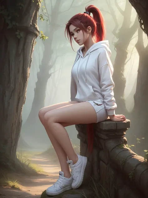 (high quality, ArtStation, Relax Art, fantasy style:1.2), (A beautiful cute girl), (long messy red ponytail hair, white hoodie, white shorts)