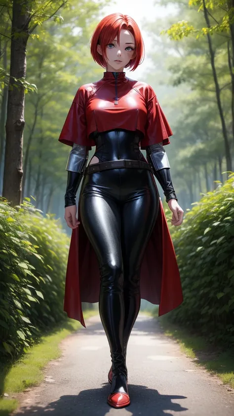 アニメ, girl from , {face perfect}, {short red bob hair}, {greeneyes}, {asymmetrical eyes}, {perfect nose}, {reddish lips}, {full body 5.0}, {(red leather medieval clothing, detailed)}, {(black medieval leather pants)}, {walking in a forest}

{8k image}, {128...