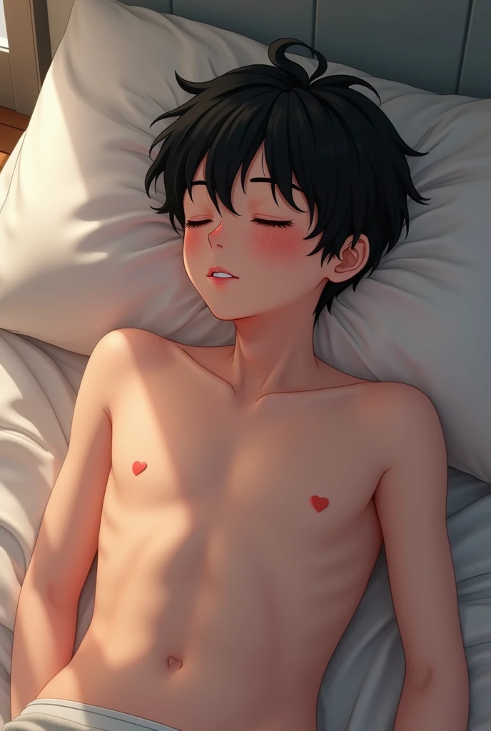 create a cute teen boy with baby pink lips and pink nipple sleeping on a bed in underwear hair are black and wet due to water face expression are calm and innocent 
 
