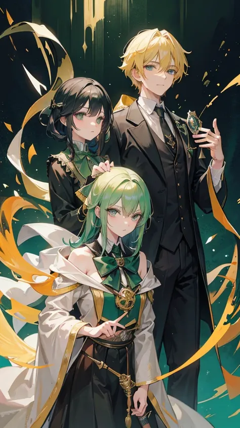 A photo of a handsome male wizard with short golden hair in Slytherin and a beautiful female witch with long black hair tied with a bow in Slytherin.