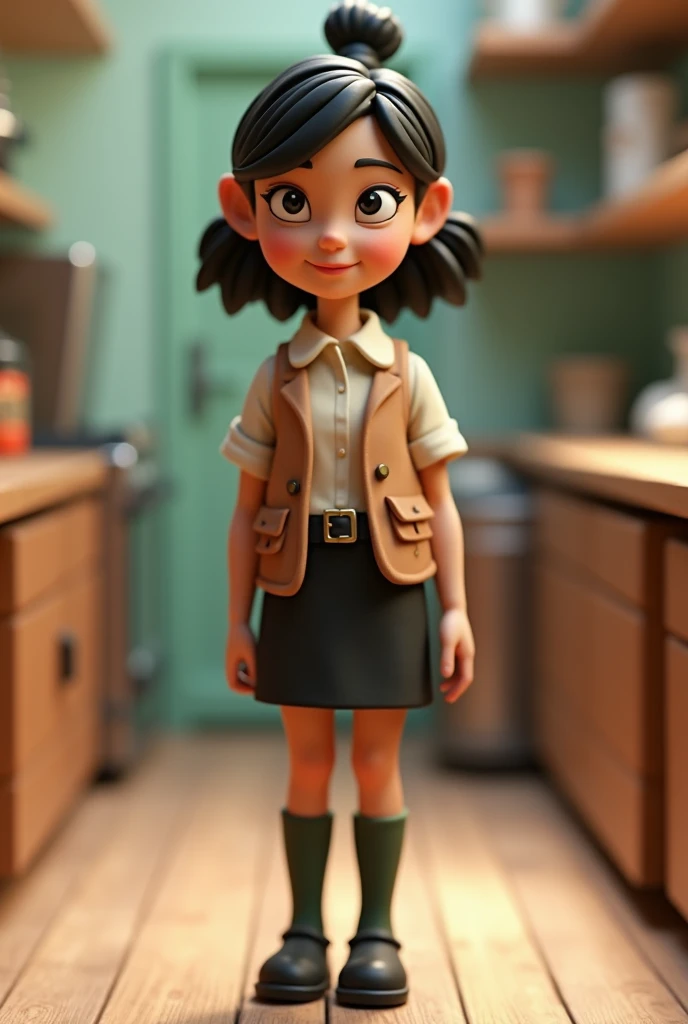 Off-white half-sleeve shirt, light brown vest, knee-length black skirt, woman in half-up bun with dark green socks and black shoes, ((4 head tall)), Wallace&gromit style, ((claymation)), (claymation animation of), cute, 