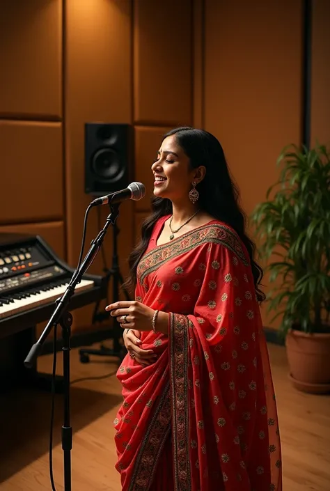 A beatuful indian saree singer singing a song in studio room