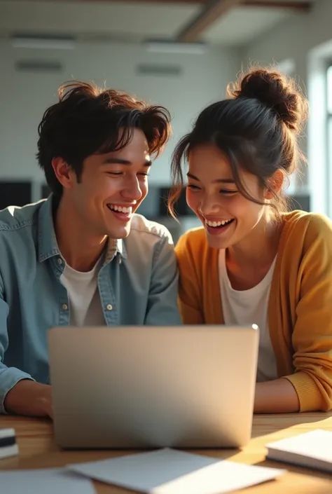 A brother and a sister are laughing looking at the laptop in the office make it realistic 