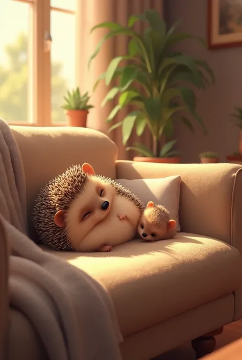 Cozy Living Room Scene: Illustrate a small hedgehog, Manя, sitting on a comfy couch in a warm, cozy living room. She is nestled up, with her soft belly exposed and her tiny ears barely visible. Little Vanya is looking curiously at her from the side.

