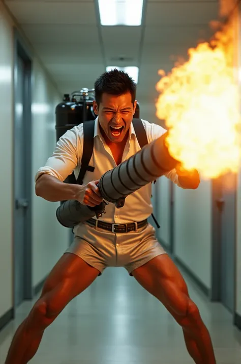 front person view realistic beautiful japanese office man in satin white shirt and silver satin tight short pants facial expression war cry shouting scream standing legs wide spread open hands holding a very long flame thrower high pressure long pipe barre...