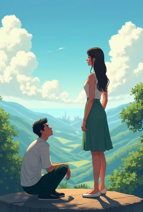 Woman standing on a higher surface and man standing on the ground watching a scenic view and their head is allign to each other