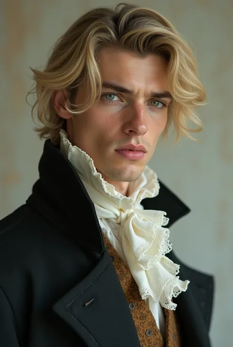 It makes a realistic image of a MAN with a somewhat feminine face, very handsome, 1, blond hair, green eyes, with somewhat old clothes from the 1800s.