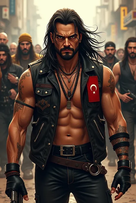 Hells angels biker,with turkish flag west,leather west with turkish flag,long hairs,barth,in background gang members,anime,manga