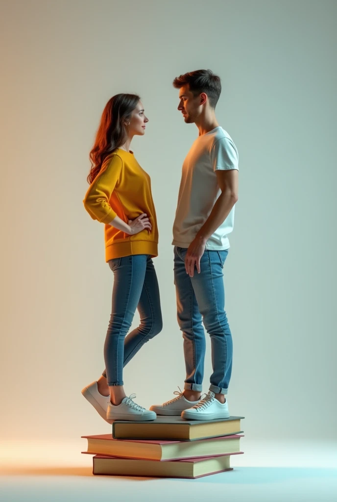 Man and woman both standing but the girl is standing on a book