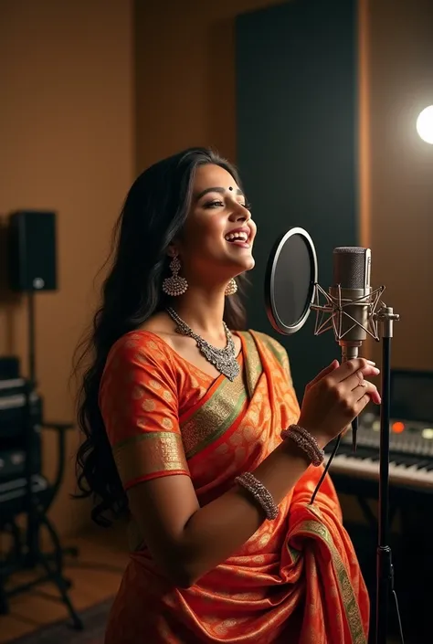 A beautiful indian saree singer singing a song in studio room 1080×720 portrait size